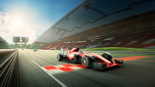 O piloto de corrida passa o ponto de chegada e o fundo de desfoque de movimento durante a renderização 3D do nascer do sol