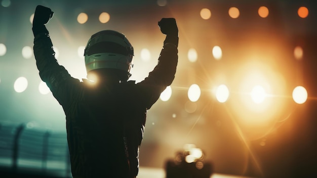 O piloto de corrida vitorioso celebra a vitória sob as luzes deslumbrantes do palco à noite