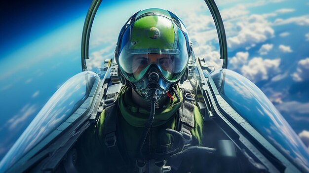 Foto o piloto do avião está com um capacete verde.