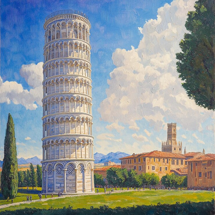 Foto o pináculo inclinado de pisa numa luz serena da manhã