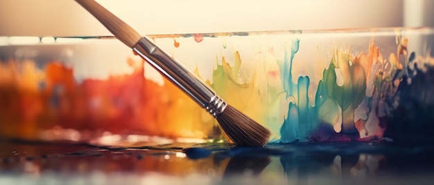 O pincel do artista é mergulhado na paleta de aquarela Generative AI