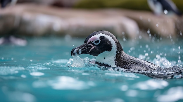 O pinguim de Humboldt está nadando na piscina.