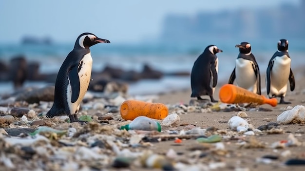 O pinguim está parado na costa cercado pela degradação do plástico Desastre ambiental no mar