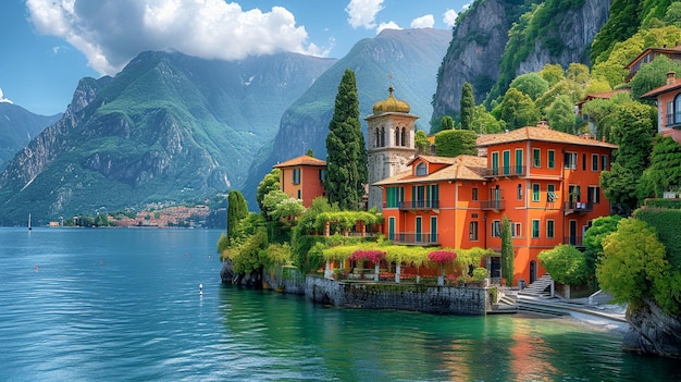 o pitoresco e sereno Lago de Como, na Itália, com vilas e montanhas
