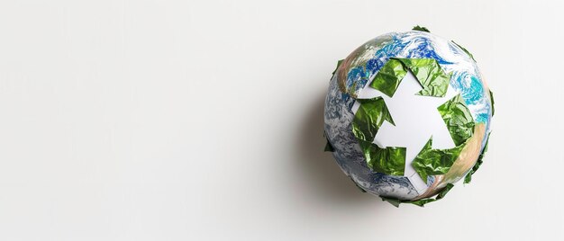 Foto o planeta globo com o ícone de reciclagem girando sobre um cenário branco e espaço ia gerativa