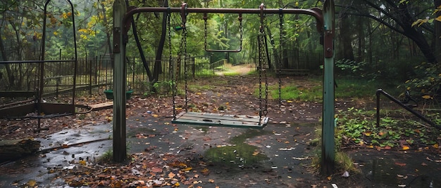 O playground fantasmagórico Uma cena assustadora de balanços abandonados e um guarda-chuva esquecido na chuva