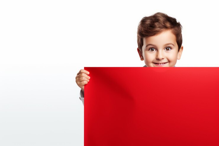 Foto o poder da imaginação liberando publicidade criativa com uma criança atrás de um banner em branco