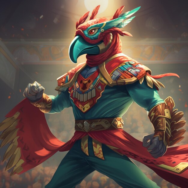 Foto o poderoso quetzal luchador um colorido herói de desenho animado entra no ringue
