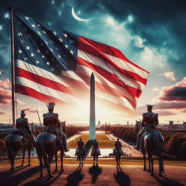 O poderoso simbolismo como a bandeira americana adorna a presença dos Monumentos de Washington