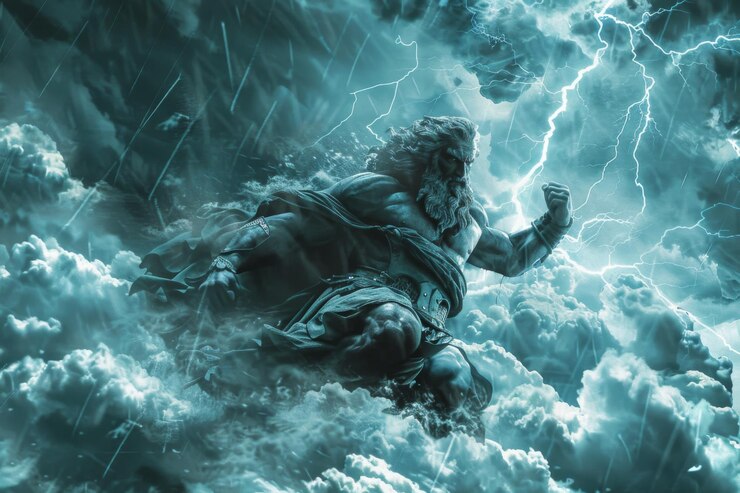 Foto o poderoso zeus desencadeia o poder tempestuoso em meio a nuvens escuras e céus trovejantes.