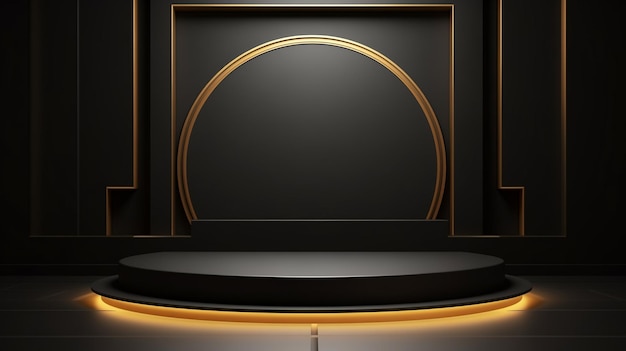 O pódio de ouro preto vazio é um pano de fundo de palco de luxo.