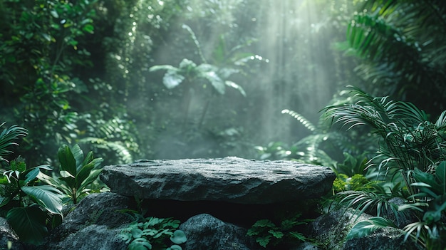 Foto o pódio de rock está situado no meio de uma floresta tropical exuberante, realçada por um fundo verde vibrante e botânicos verdes.