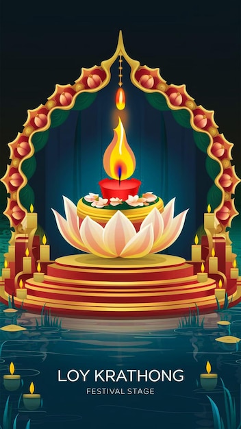 O pódio do Loy Krathong Festival está decorado com Krathong feito de pétalas de lótus