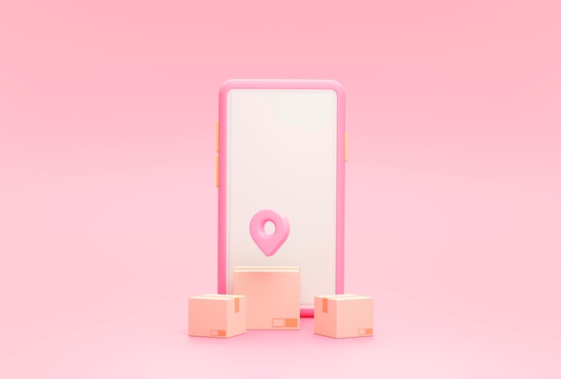 O ponteiro do smartphone e o Pin marcam a localização e as caixas de papelão Conceito de logística de transporte de entrega on-line na ilustração de renderização 3d de fundo rosa