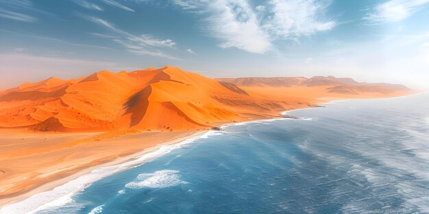 O ponto de encontro do deserto e do oceano Vista aérea da Costa do Esqueleto na Namíbia Conceito Paisagens do Deserto Vistas costeiras Fotografia aérea Marcos da Namíbia Costa do Eskeleto