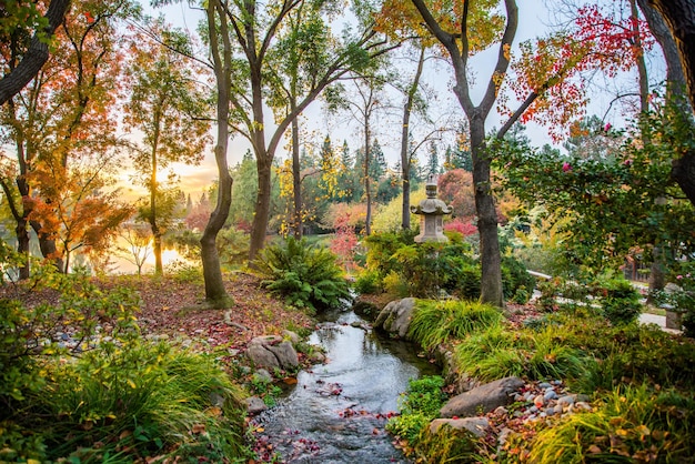 O pôr-do-sol acende cores vibrantes dentro dos jardins japoneses de Fresno, Califórnia