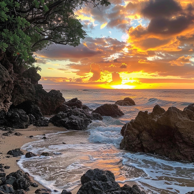 O pôr-do-sol colorido da enseada secreta de Maui, no Havaí.