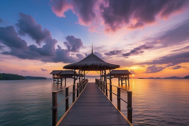 O pôr-do-sol colorido na Ponte do Sonho na ilha de Koh Mak, província de Trat, Tailândia