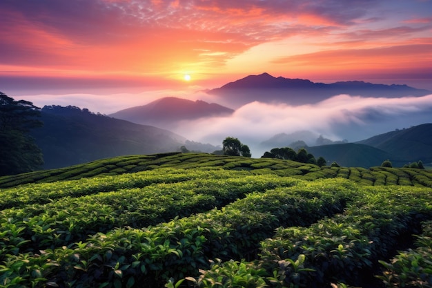 Foto o pôr-do-sol colorido sobre os jardins de chá oolong na tribo aborígene wujie, em taiwan