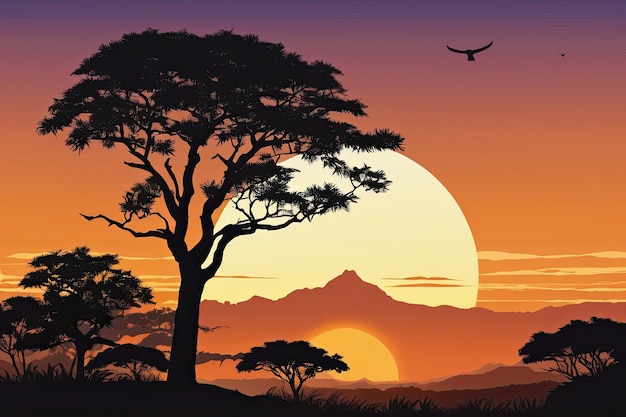 O pôr-do-sol da savana africana com silhuetas de acácias