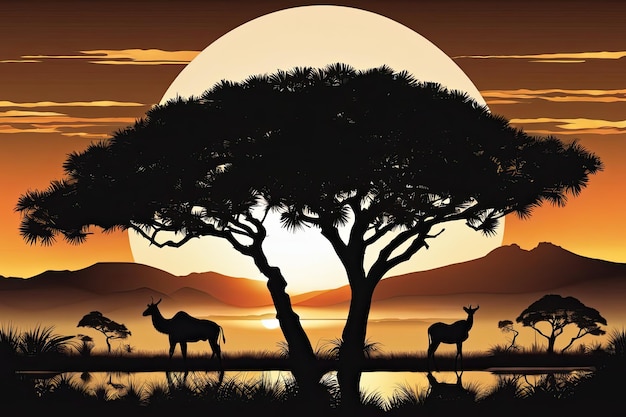 O pôr-do-sol da savana africana com silhuetas de acácias