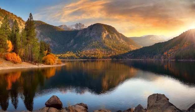 Foto o pôr-do-sol de outono sobre o lago donner reflete o impressionante panorama da montanha, uma mistura cativante de