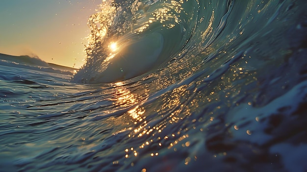 O pôr-do-sol dentro de uma onda ondulada oceanos beleza capturada paisagem marinha vibrante ideal para aventura e temas de natureza arte fotográfica ia