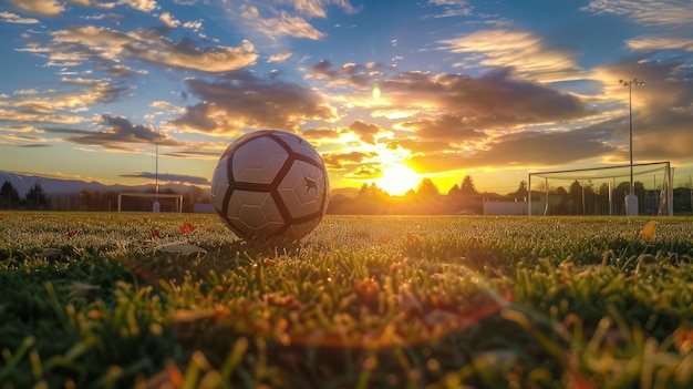 Foto o pôr-do-sol do futebol o futebol no pôr- do-sol