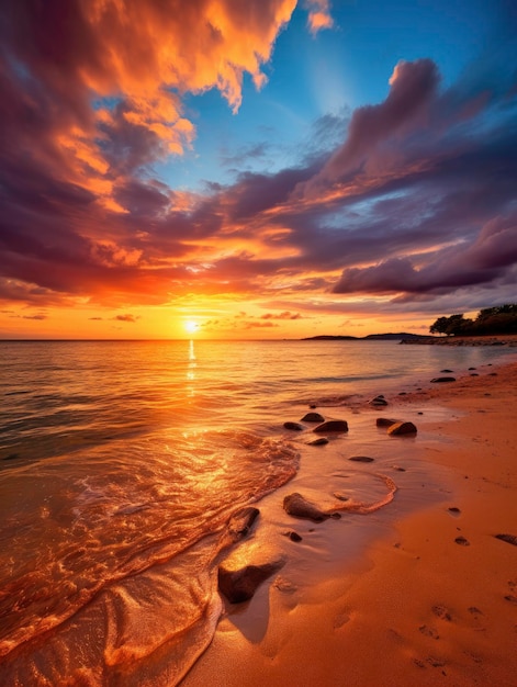 Foto o pôr-do-sol dourado na praia com muitos raios de sol no céu dramático