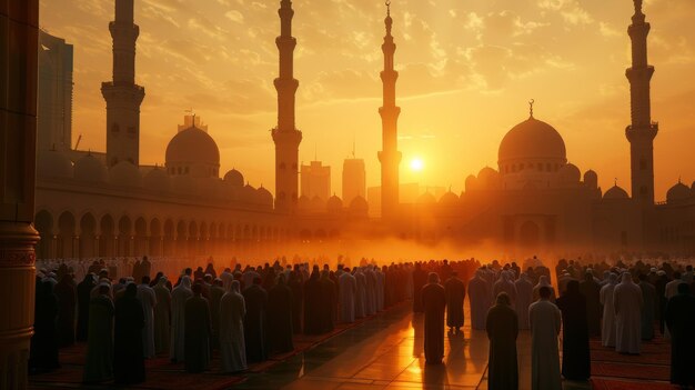 O pôr-do-sol dourado sobre a Grande Mesquita com a congregação reunida para as orações do Eid