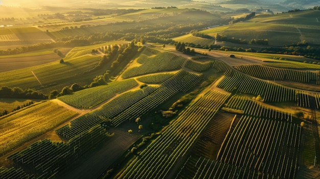 Foto o pôr-do-sol dourado sobre as colinas dos vinhedos