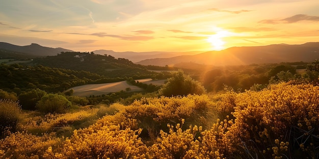 O pôr-do-sol dourado sobre campos em flor uma paisagem cênica ao anoitecer ideal para viagens e temas da natureza paisagem pacífica AI