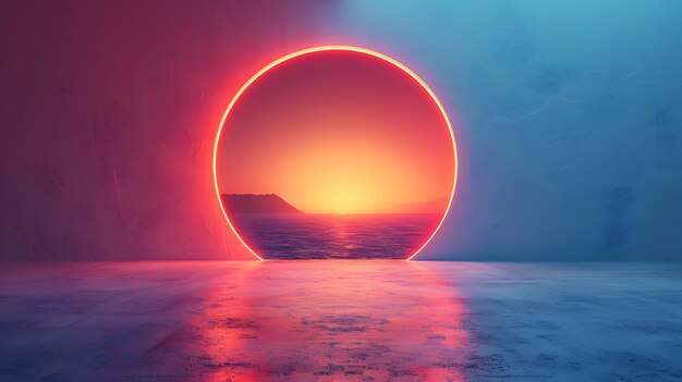 O pôr-do-sol em círculo vermelho refletido na água com o céu atmosférico e o brilho da lente