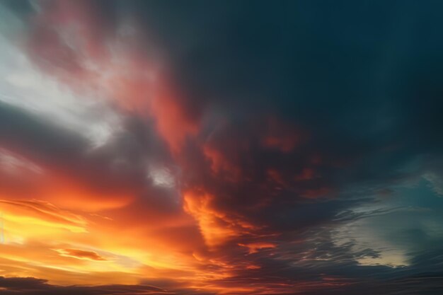 O pôr do sol está acima de um campo no estilo da turbulência colorida, turquesa escura e vermelha