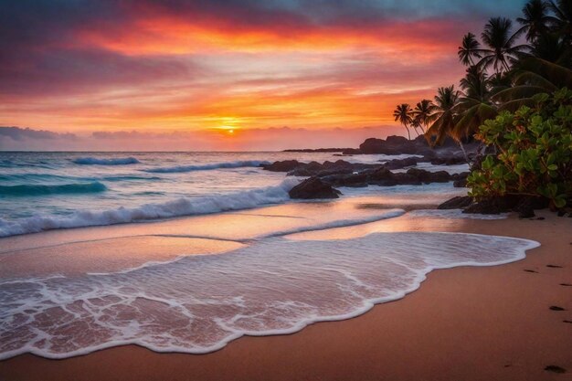 O pôr-do-sol está na praia e a água é linda.