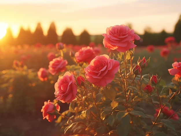 O pôr-do-sol ilumina uma cena romântica de rosas rosas num jardim de verão sereno