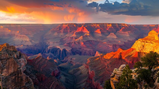 O pôr-do-sol lança tons quentes sobre a paisagem acidentada do Grand Canyon