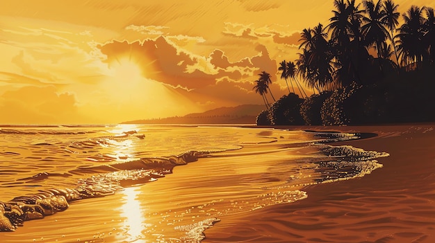 Foto o pôr-do-sol lança um brilho dourado sobre a praia iluminando a areia e a água