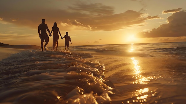 Foto o pôr-do-sol lança um brilho dourado sobre uma família de três pessoas enquanto caminham de mãos dadas pela praia