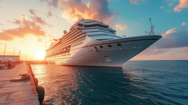 Foto o pôr-do-sol lança um brilho quente no cais onde o grande navio de cruzeiro branco espera os viajantes de verão