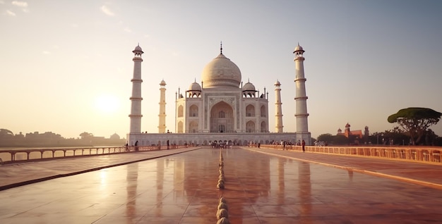 O pôr-do-sol na mesquita Taj Mahal no pôr- do-sol Taj Mahal país de Agra