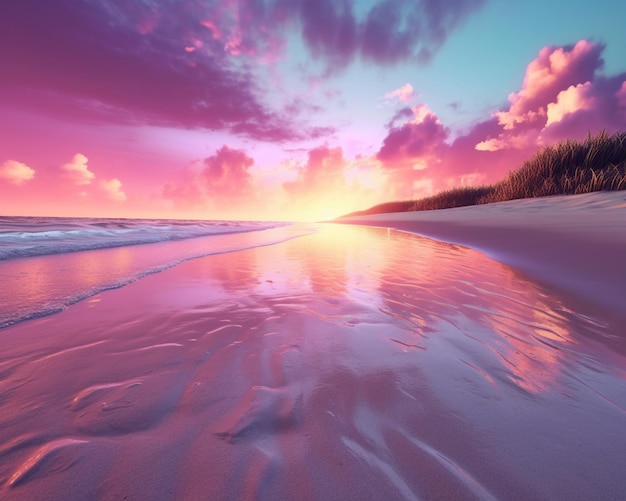 O pôr-do-sol na praia com um céu rosa e nuvens generativas ai