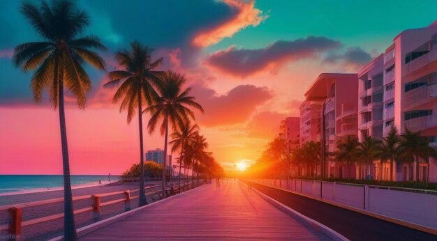 Foto o pôr-do-sol na praia de miami a cena da praia de miami uma vista fantástica da praia