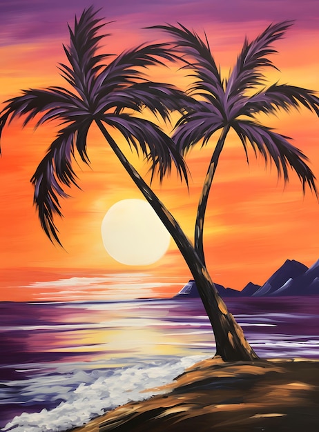 O pôr-do-sol na praia pintura praia pôr- do-sol arte vetorial pôr-Do-sol palmeiras pôr- Do-sol png imagem palmeira