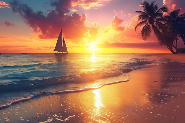 O pôr-do-sol na praia tropical com veleiro e palmeiras