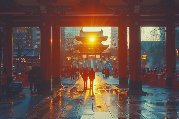 O pôr-do-sol nas ruas da cidade do Japão