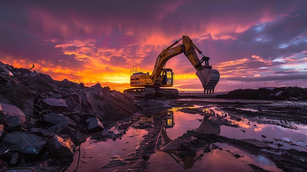 O pôr-do-sol no canteiro de obras, a silhueta da escavadora contra o céu vibrante, as máquinas industriais e a beleza da natureza, perfeitas para temas de construção.