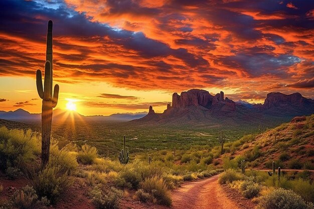 Foto o pôr-do-sol no deserto com o cacto saguaro em primeiro plano