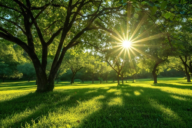 O pôr-do-sol no parque com a grama verde e a luz do sol