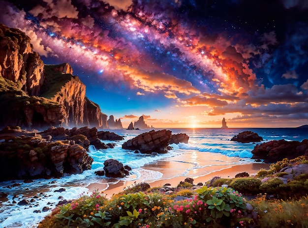 O pôr-do-sol no penhasco da costa alienígena com o céu galáctico colorido